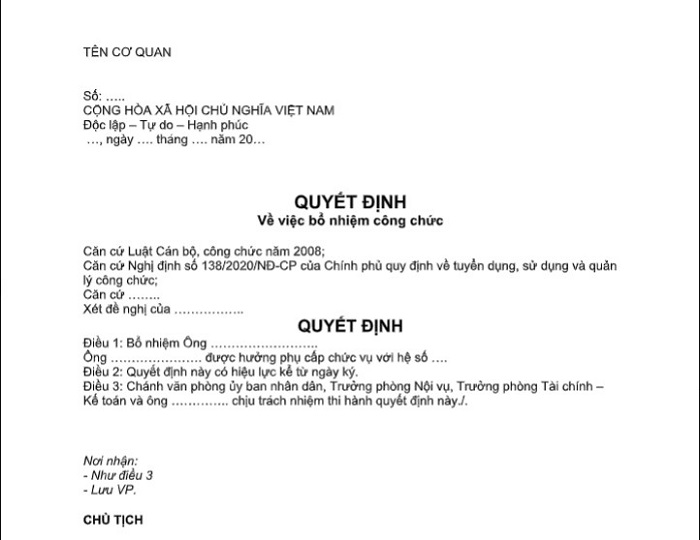 mẫu quyết định bổ nhiệm cơ quan nhà nước
