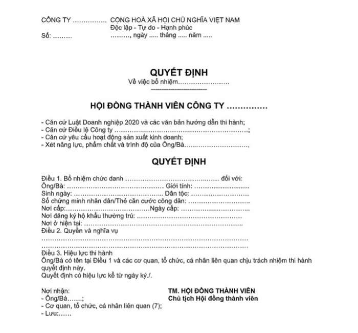 quyết định bổ nhiệm công ty TNHH