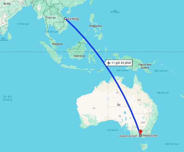 Thời gian bay từ Đà Nẵng đến Melbourne kéo dài hơn 11 tiếng, tùy vào thời gian chờ quá cảnh Thời gian bay từ Đà Nẵng đến Melbourne