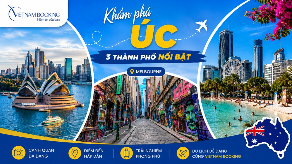 v&eacute; m&aacute;y bay đi &Uacute;c với Sydney Melbourne Brisbane v&agrave; logo Vietnam Booking