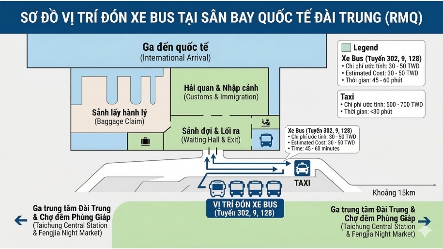 Vị tr&iacute; đ&oacute;n xe bus tại s&acirc;n bay đ&agrave;i trung khi mua v&eacute; m&aacute;y bay đi đ&agrave;i loan