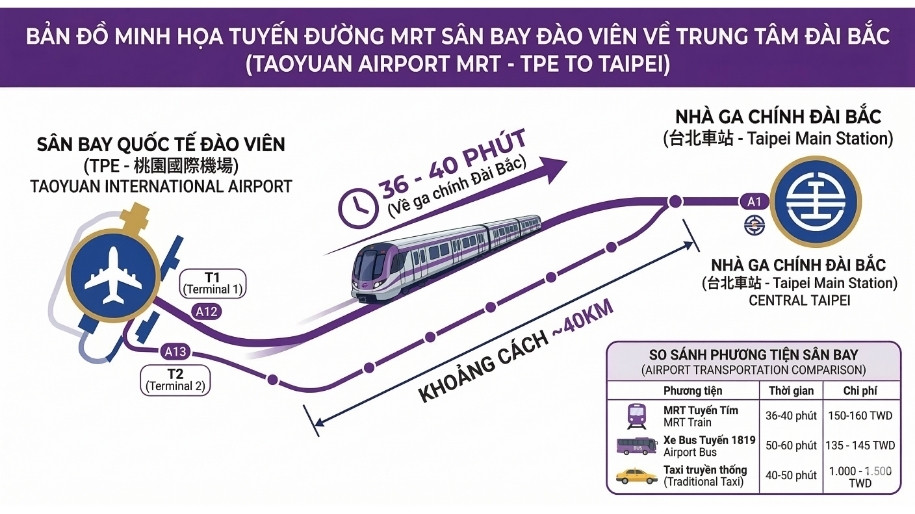 Bản đồ minh họa tuyến đường t&agrave;u điện ngầm MRT từ s&acirc;n bay Đ&agrave;o Vi&ecirc;n về nh&agrave; ga trung t&acirc;m Đ&agrave;i Bắc