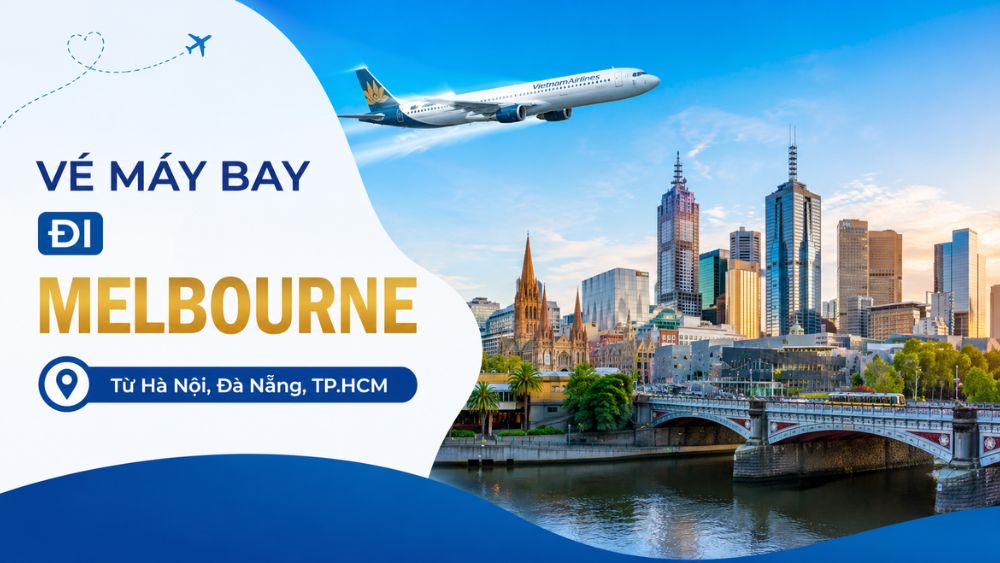 H&igrave;nh minh họa v&eacute; m&aacute;y bay đi Melbourne từ H&agrave; Nội, Đ&agrave; Nẵng v&agrave; TP.HCM với khung cảnh th&agrave;nh phố Melbourne