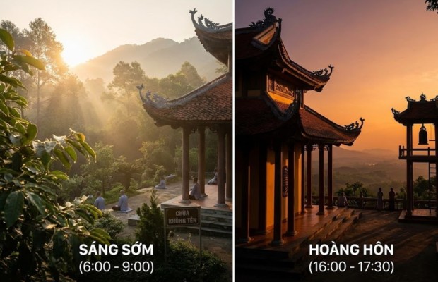 Khung cảnh ch&ugrave;a Đ&agrave; Sơn Đ&agrave; Nẵng v&agrave;o buổi s&aacute;ng sớm y&ecirc;n b&igrave;nh v&agrave; ho&agrave;ng h&ocirc;n