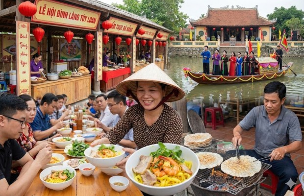 Về hội l&agrave;ng T&uacute;y Loan, nhất định phải thưởng thức t&ocirc; M&igrave; Quảng ch&iacute;nh gốc v&agrave; đặc sản b&aacute;nh tr&aacute;ng nướng gi&ograve;n rụm.