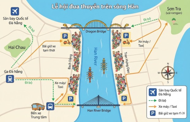 Hướng dẫn c&aacute;ch di chuyển đến xem lễ hội đua thuyền tr&ecirc;n s&ocirc;ng H&agrave;n Đ&agrave; Nẵng