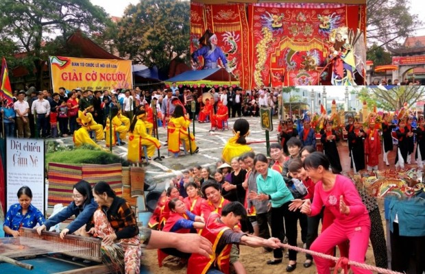 Biểu diễn h&aacute;t bội v&agrave; c&aacute;c tr&ograve; chơi d&acirc;n gian như đập ni&ecirc;u đất, k&eacute;o co tại lễ hội l&agrave;ng H&ograve;a Mỹ