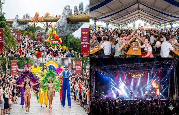 Lễ hội B&agrave; N&agrave; Hills 2026 với trang tr&iacute; ho&agrave;nh tr&aacute;ng v&agrave; du kh&aacute;ch check-in Cầu V&agrave;ng.