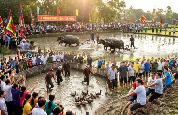 Du kh&aacute;ch v&agrave; trẻ em tham gia tr&ograve; chơi d&acirc;n gian lễ hội rước mục đồng Phong Lệ