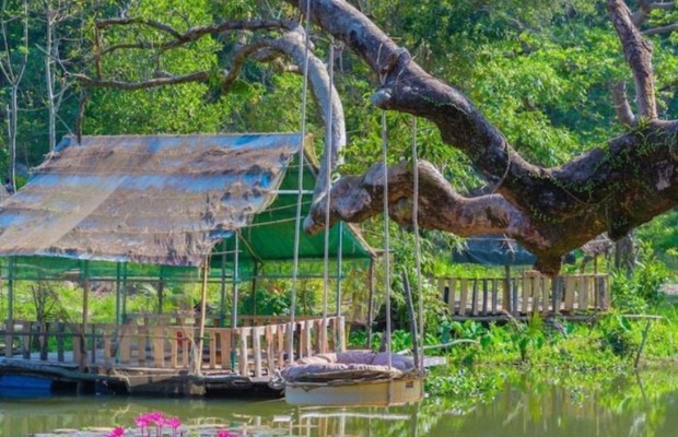 Ch&ograve;i l&aacute; nghỉ ngơi b&ecirc;n bờ suối tại Nhất L&acirc;m Thủy Trang Tr&agrave;, ph&ugrave; hợp cho hoạt động cắm trại nhẹ nh&agrave;ng