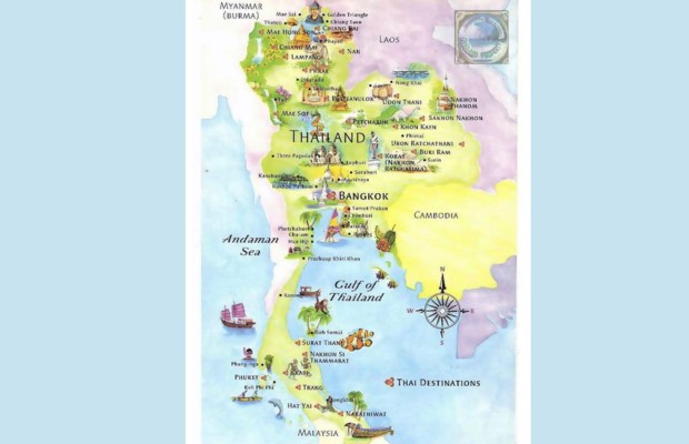 Bản đồ minh họa c&aacute;c th&agrave;nh phố v&agrave; điểm đến du lịch nổi tiếng tại Th&aacute;i Lan.