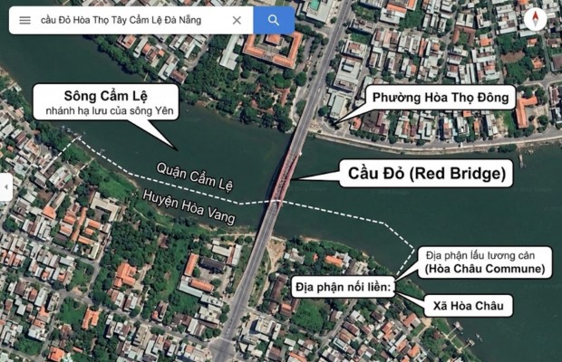 Bản đồ vị tr&iacute; cầu Đỏ H&ograve;a Thọ T&acirc;y Cẩm Lệ Đ&agrave; Nẵng tr&ecirc;n Quốc lộ 1A cũ.