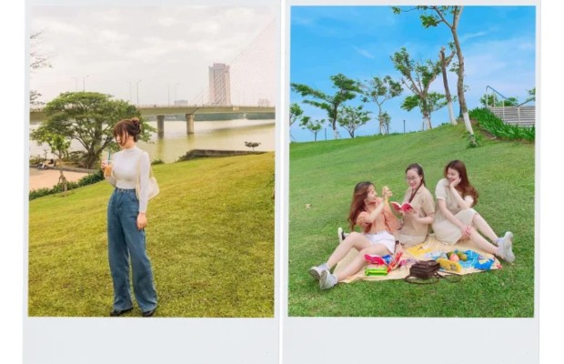 B&atilde;i cỏ picnic dưới ch&acirc;n cầu Nguyễn Văn Trỗi Đ&agrave; Nẵng b&ecirc;n s&ocirc;ng H&agrave;n.