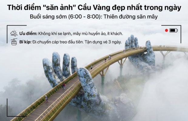 Cầu V&agrave;ng B&agrave; N&agrave; Hills trong sương m&ugrave; d&agrave;y đặc buổi s&aacute;ng