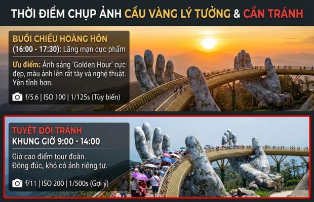 Cầu V&agrave;ng B&agrave; N&agrave; Hills l&uacute;c b&igrave;nh minh hoặc ho&agrave;ng h&ocirc;n v&agrave;ng rực