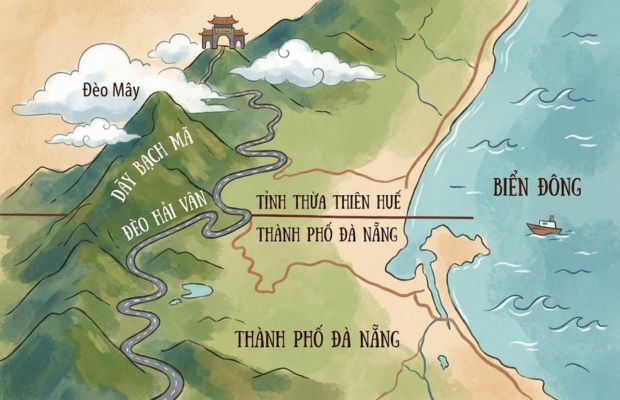 To&agrave;n cảnh đ&egrave;o Hải V&acirc;n với đường t&agrave;u men theo v&aacute;ch n&uacute;i v&agrave; biển xanh bao la tại Việt Nam.