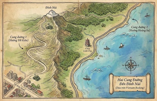 Đường l&ecirc;n Đỉnh B&agrave;n Cờ Sơn Tr&agrave; Đ&agrave; Nẵng bằng xe m&aacute;y, dốc đứng với rừng xanh hai b&ecirc;n