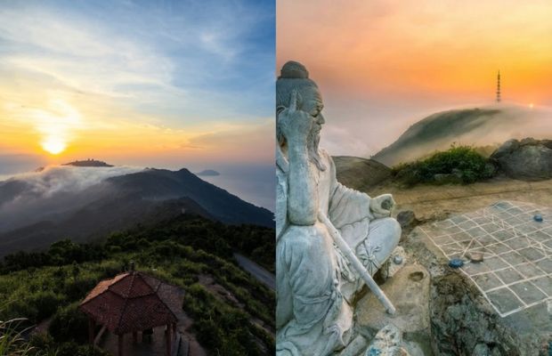 Tượng Đế Th&iacute;ch b&ecirc;n b&agrave;n cờ đ&aacute; l&uacute;c mặt trời lặn tại Đỉnh B&agrave;n Cờ Sơn Tr&agrave;