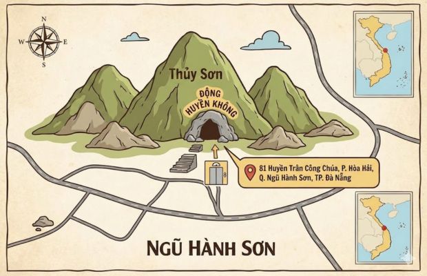 To&agrave;n cảnh Ngũ H&agrave;nh Sơn Đ&agrave; Nẵng với c&aacute;c bậc thang đ&aacute; v&agrave; thang m&aacute;y dẫn l&ecirc;n Động Huyền Kh&ocirc;ng