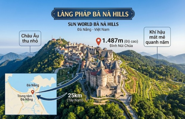 L&agrave;ng Ph&aacute;p B&agrave; N&agrave; Hills với kiến tr&uacute;c Gothic cổ k&iacute;nh bao phủ trong m&acirc;y.