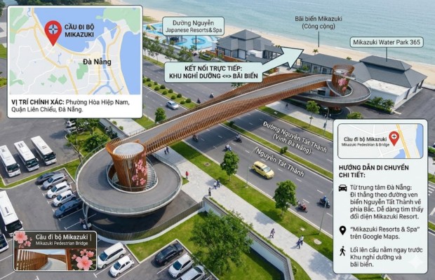 Cầu vượt Mikazuki Đ&agrave; Nẵng nằm tại phường H&ograve;a Hiệp Nam, quận Li&ecirc;n Chiểu, kết nối resort v&agrave; b&atilde;i biển c&ocirc;ng cộng
