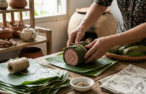 Chả b&ograve; được g&oacute;i thủ c&ocirc;ng bằng l&aacute; chuối, giữ trọn hương vị&nbsp;