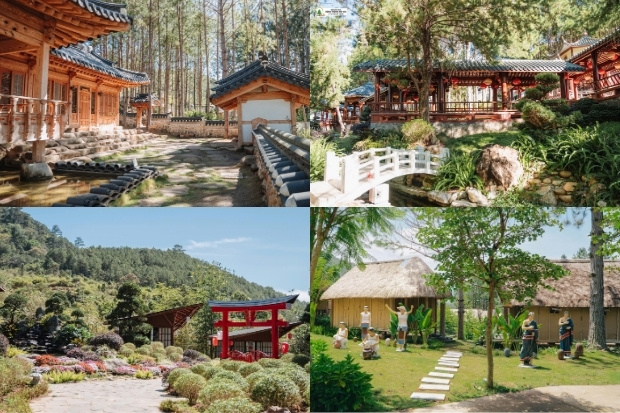 Kiến tr&uacute;c đặc trưng của vườn Nhật, vườn Thượng Uyển, nh&agrave; cổ Hanok v&agrave; l&agrave;ng d&acirc;n tộc trong khu du lịch