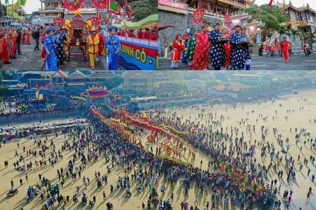 Đo&agrave;n rước trang nghi&ecirc;m thực hiện nghi thức lễ Nghinh C&ocirc;, thỉnh linh vị C&ocirc; từ biển về dinh