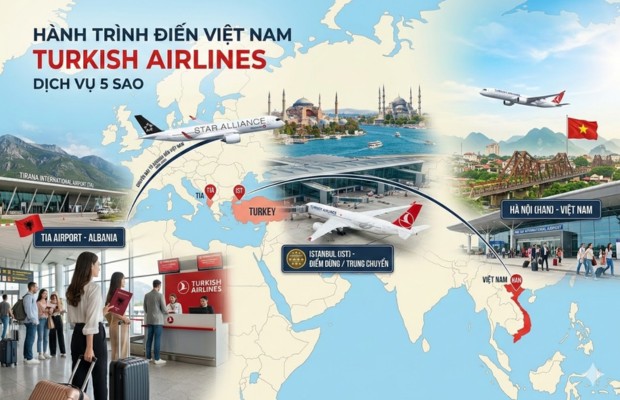 h&agrave;nh tr&igrave;nh với Turkish Airlines, bao gồm c&aacute;c điểm dừng tại s&acirc;n bay Tirana, Istanbul v&agrave; H&agrave; Nội.