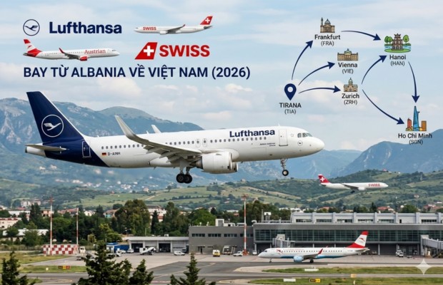 sử dụng ảnh s&acirc;n bay Tirana, m&aacute;y bay Lufthansa v&agrave; sơ đồ c&aacute;c điểm trung trung chuyển.