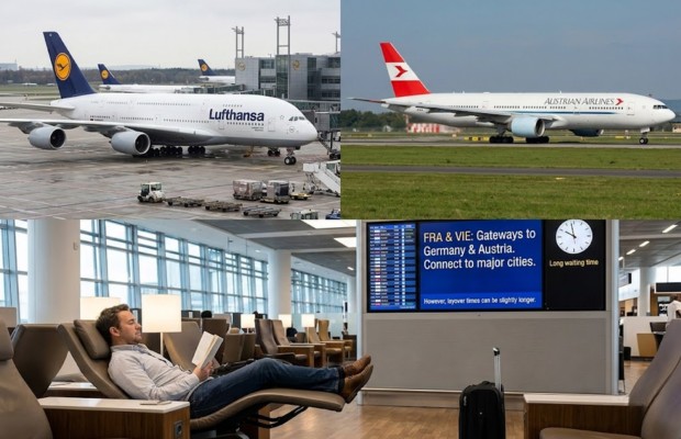 m&aacute;y bay h&atilde;ng Lufthansa, Austrian Airlines v&agrave; h&agrave;nh kh&aacute;ch thư gi&atilde;n tại ph&ograve;ng chờ s&acirc;n bay.