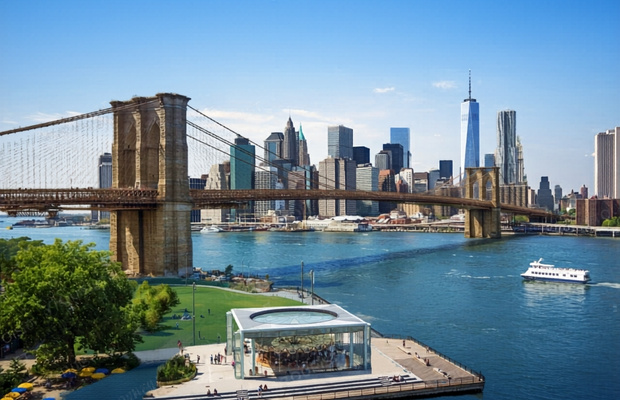 To&agrave;n cảnh cầu Brooklyn nh&igrave;n từ xa với c&aacute;c d&acirc;y văng th&eacute;p đặc trưng v&agrave; khung cảnh th&agrave;nh phố Manhattan ph&iacute;a sau.