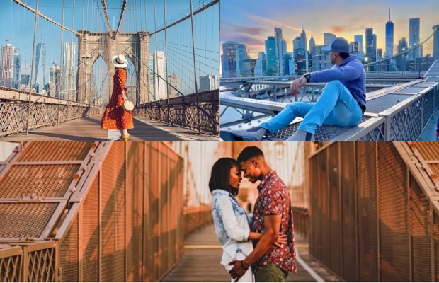 Du kh&aacute;ch check-in tại cầu Brooklyn.