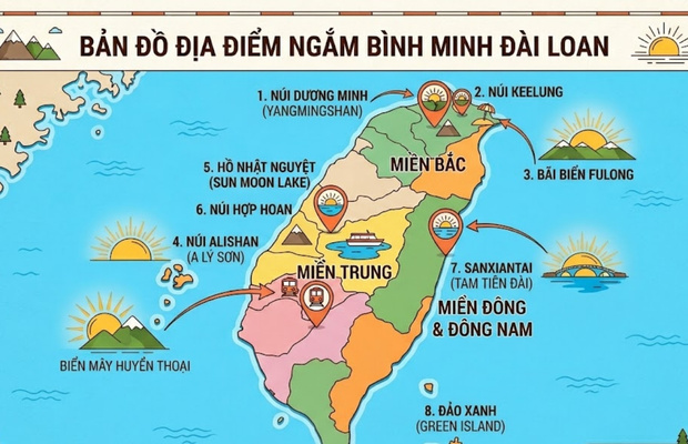 Bản đồ c&aacute;c địa điểm ngắm b&igrave;nh minh Đ&agrave;i Loan