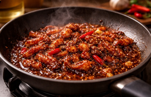 Mực rim me đang keo lại tr&ecirc;n bếp 