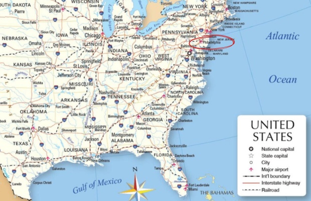 th&agrave;nh phố Philadelphia tr&ecirc;n bản đồ nước Mỹ 