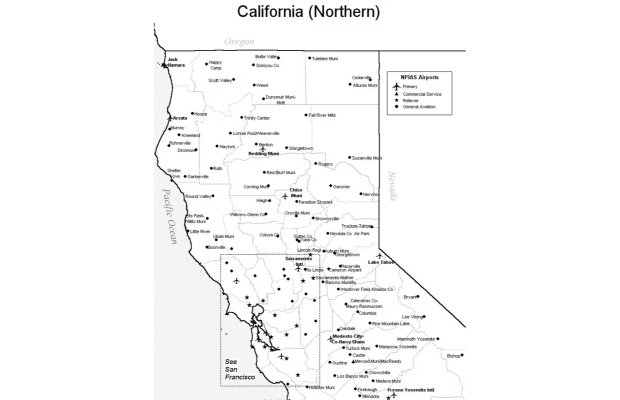  Bản đồ ph&acirc;n bố s&acirc;n bay ph&iacute;a Bắc California