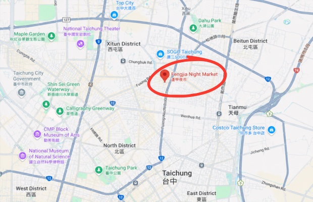 Vị tr&iacute; chợ đ&ecirc;m Ph&ugrave;ng Gi&aacute;p tại Đ&agrave;i Trung