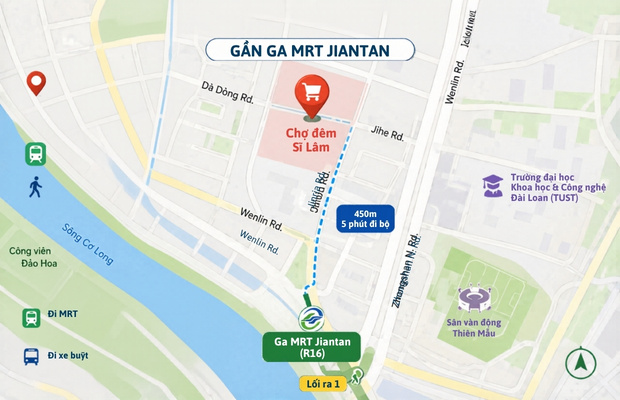 Vị tr&iacute; chợ đ&ecirc;m Sĩ L&acirc;m gần ga MRT Jiantan