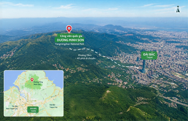 Vị tr&iacute; c&ocirc;ng vi&ecirc;n quốc gia Dương Minh Sơn gần trung t&acirc;m Đ&agrave;i Bắc.