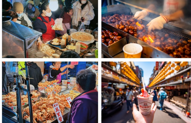 C&aacute;c quầy ăn đ&ocirc;ng kh&aacute;ch tại Keelung market 