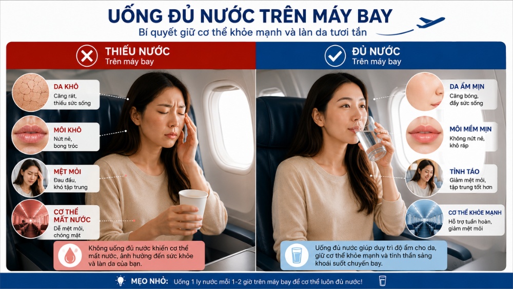 T&aacute;c hại mất nước khi đi m&aacute;y bay v&agrave; c&aacute;ch bổ sung nước đ&uacute;ng c&aacute;ch