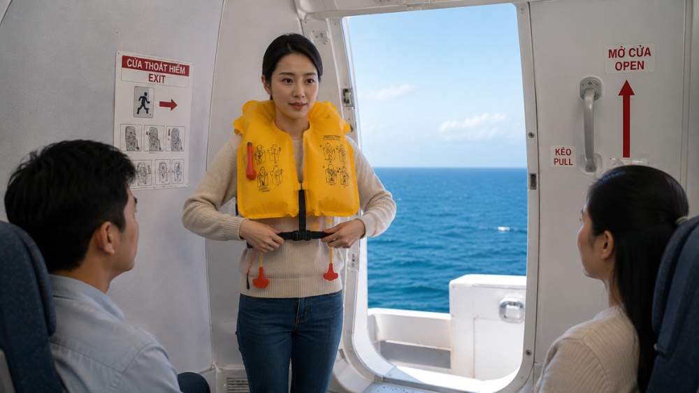 H&agrave;nh kh&aacute;ch mặc &aacute;o phao khi m&aacute;y bay hạ c&aacute;nh xuống nước