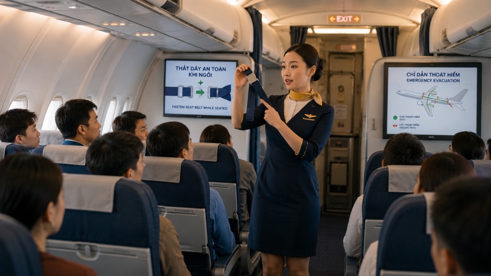 H&agrave;nh kh&aacute;ch nghe hướng dẫn an to&agrave;n khi c&oacute; t&igrave;nh huống khẩn cấp tr&ecirc;n m&aacute;y bay