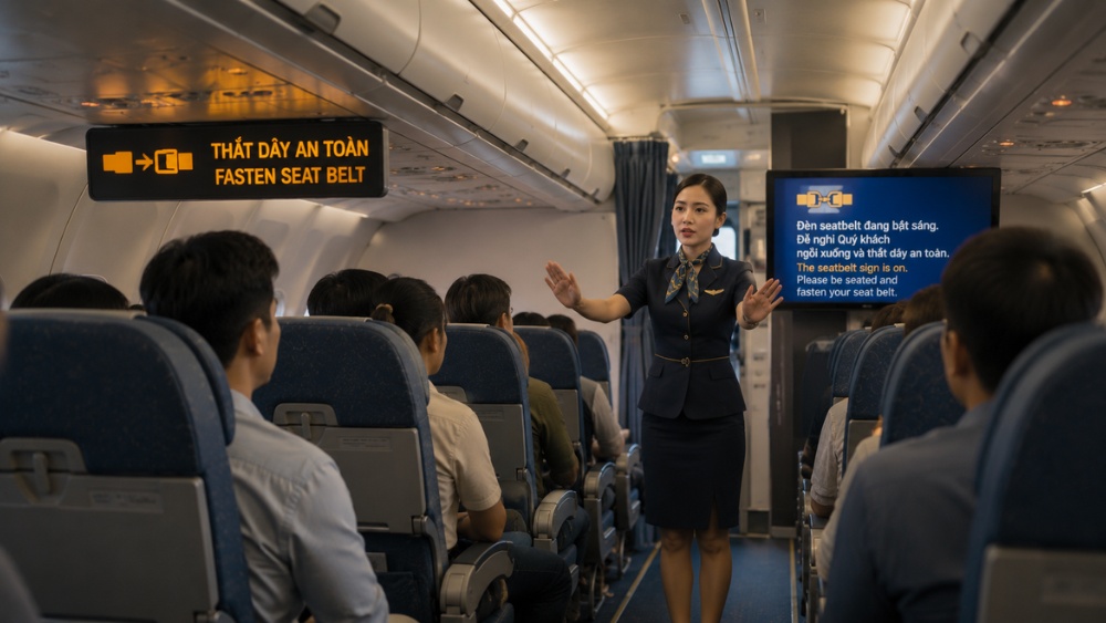 Đ&egrave;n c&agrave;i d&acirc;y an to&agrave;n bật s&aacute;ng trong l&uacute;c m&aacute;y bay rung lắc

