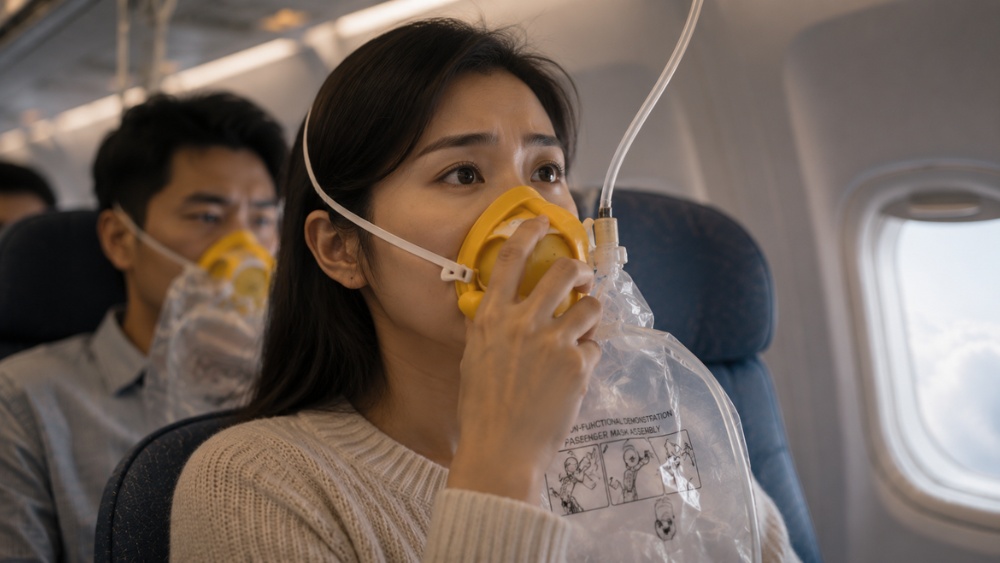 H&agrave;nh kh&aacute;ch đeo mặt nạ oxy khi m&aacute;y bay mất &aacute;p suất cabin