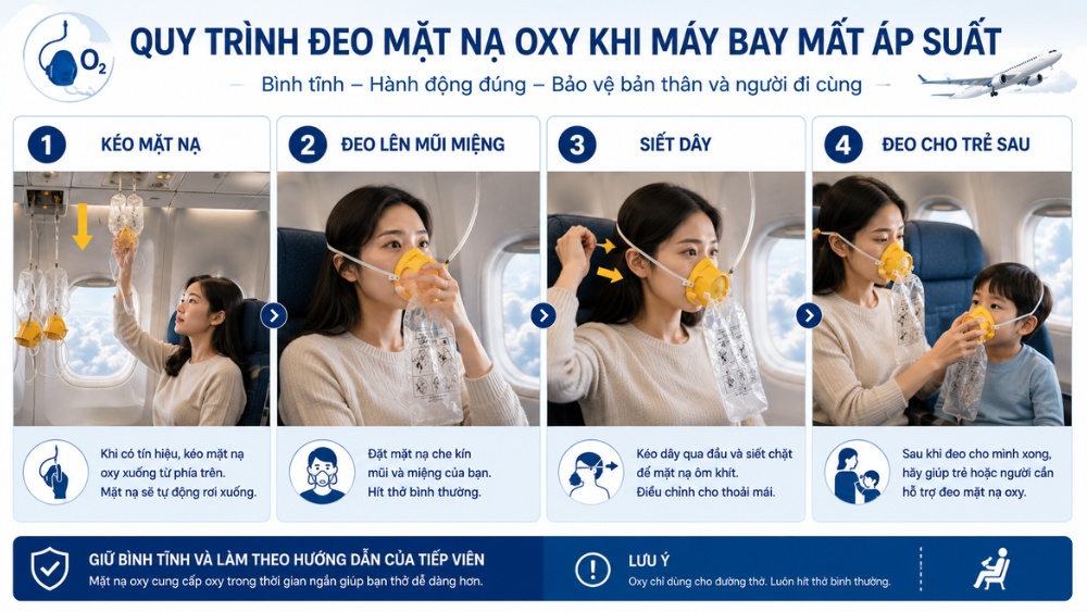 Hướng dẫn đeo mặt nạ oxy tr&ecirc;n m&aacute;y bay từng bước