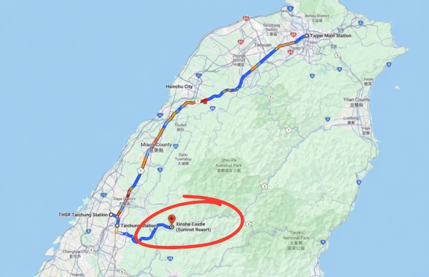Tuyến đường di chuyển đến l&acirc;u đ&agrave;i Xinshe từ trung t&acirc;m Đ&agrave;i Trung.
