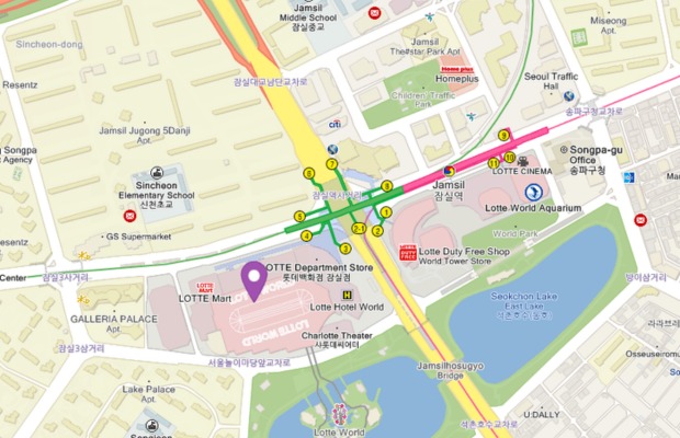 Bản đồ hướng dẫn lối ra ga Jamsil đi Lotte World Seoul