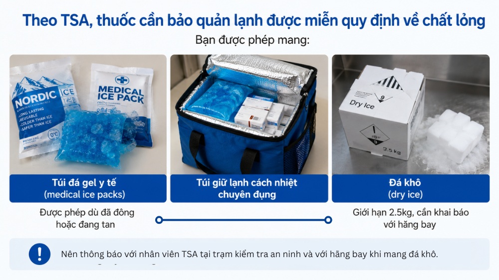 T&uacute;i giữ lạnh v&agrave; đ&aacute; kh&ocirc; được mang l&ecirc;n m&aacute;y bay
